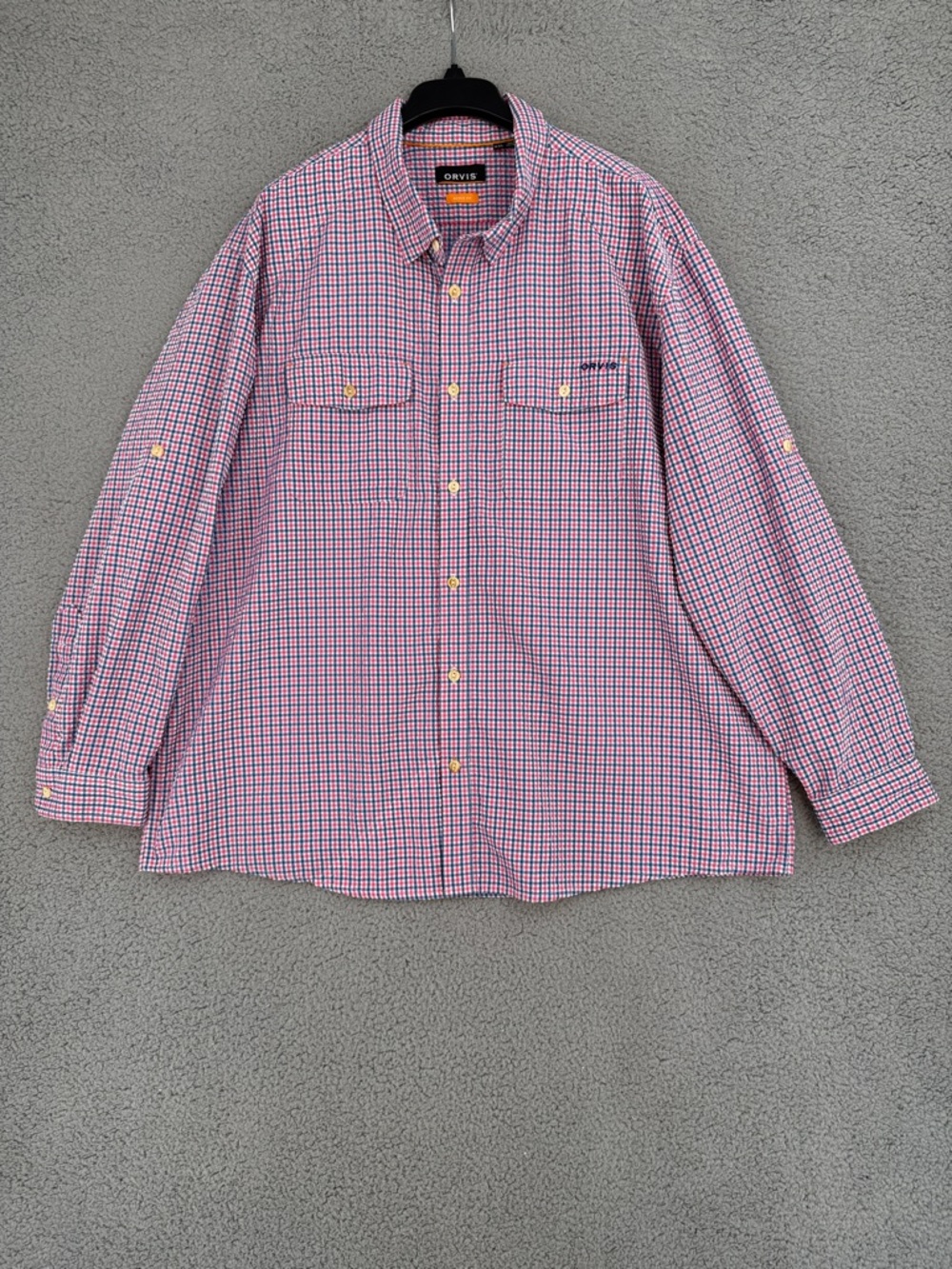 Orvis Men's XXL roll tab Long sleeve button down shirt Pink & Blue gingham
